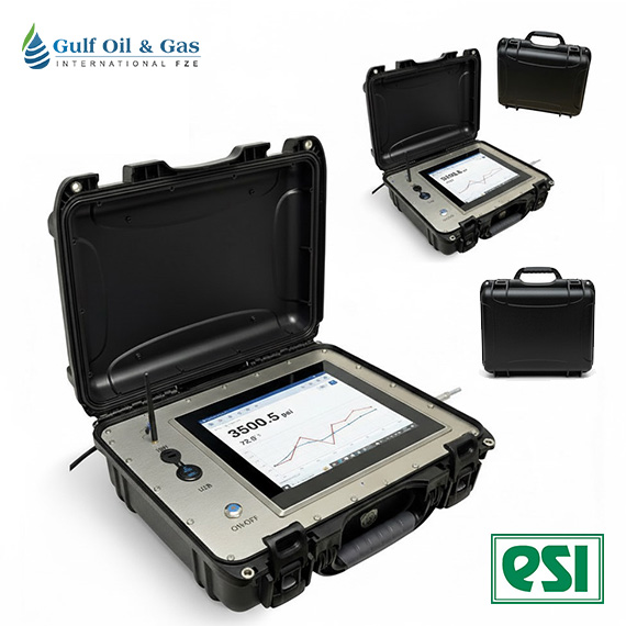 The ESI-30K-PC Digital Pressure & Temperature Chart Recorder by ESI is shown in a black weatherproof portable case with handles. Its large screen displays a graph, with Gulf Oil & Gas and QSI logos in the image corners. The ESI-30K-PC Digital Pressure & Temperature Chart Recorder features a rugged 12” touchscreen PC with a familiar Windows-based interface for seamless real-time monitoring, recording, and data export. With high-speed logging up to 5 Hz, it captures every pressure and temperature fluctuation while enabling instant digital report generation and easy data sharing.