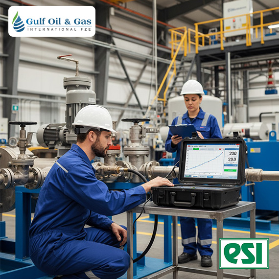 Two engineers in blue coveralls and white helmets work in an industrial facility; one operates an ESI-30K-PC Digital Pressure & Temperature Chart Recorder by ESI while the other takes notes. Gulf Oil & Gas and QSI logos are visible. The ESI-30K-PC offers a 0–60,000 PSI (5000 bar) pressure range with ±0.15% BFSL accuracy, supporting up to 16 simultaneous pressure and temperature channels on a 12” anti-glare Windows 10 touchscreen. It records data at 5 Hz, enables USB and wireless report export, and comes in a 20-lb weatherproof MIL-SPEC portable case. The system supports 110V power (220V converter optional), includes custom reporting software with Word license and training video, and features a ¼” HPF Autoclave / 9/16-18 UNF female port for high-pressure applications.