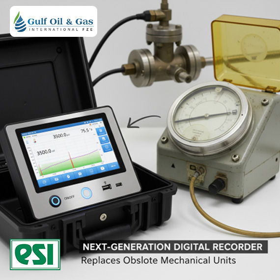 An ESI-30K-PC Digital Pressure & Temperature Chart Recorder from ESI sits beside an old mechanical gauge. Text reads: NEXT-GENERATION DIGITAL RECORDER—Replaces Obsolete Mechanical Units. Gulf Oil & Gas and QSI logos are shown. Built for field accuracy and mobility, this system is fully portable and shipped in a robust case (25 lbs shipping weight), making it perfect for mobile operations or remote locations.