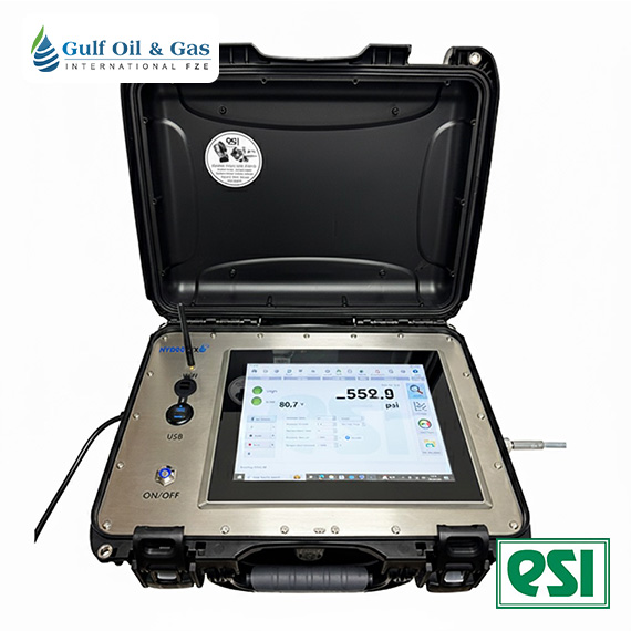 An ESI-30K-PC Digital Pressure & Temperature Chart Recorder from ESI, with a touchscreen display, is shown measuring data inside a portable weatherproof case. Gulf Oil & Gas and QSI logos appear in the image corners. The ESI-30K-PC Digital Pressure & Temperature Chart Recorder offers ±0.15% accuracy, real-time touchscreen monitoring up to 30,000 PSI, multi-channel logging, and a rugged portable design. It is ideal for hydrostatic testing, oil & gas operations, pipeline commissioning, and field service applications. Gulf Oil & Gas International (UAE) is a trusted exporter and supplier of ESI Series Digital Chart Recorders. Contact sales@gulfogintl.com for pricing and technical support.