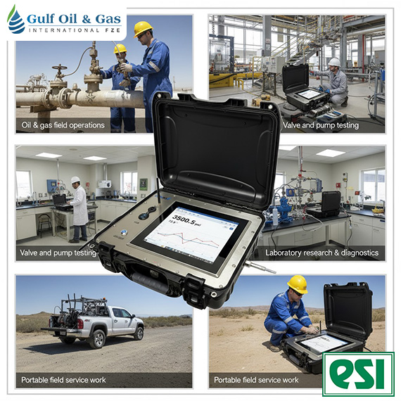 A collage shows Gulf Oil & Gas engineers testing valves, pumps, and using the ESI-30K-PC Digital Pressure & Temperature Chart Recorder by ESI—a portable, weatherproof device—with the ESI logo visible in labs and on-site fieldwork. Applications- Hydrostatic pressure testing, Oil & gas field operations, Pipeline commissioning, Valve and pump testing, Laboratory research & diagnostics Portable field service work