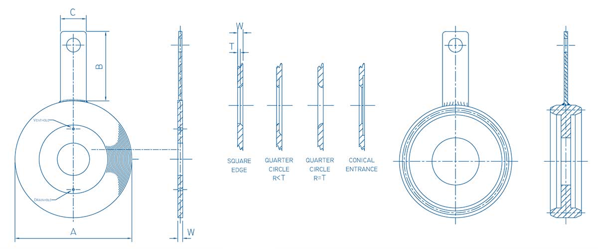 Orifice Plate High-Resolution Dimensional Drawing Profile - Square Edge, Quarter Circle R<T, Quarter Circle R=T, and Conical Entrance Configurations