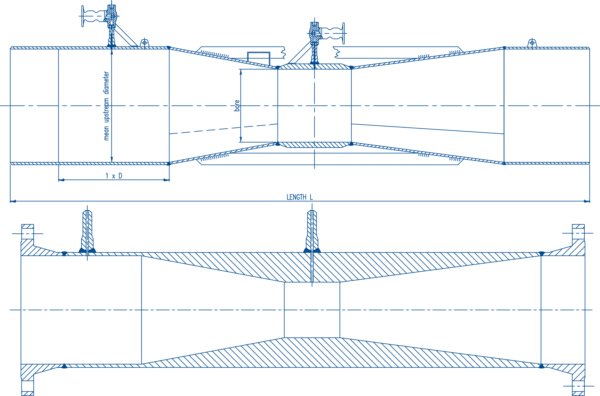 High-Resolution Classical Venturi Tube Dimensional Drawing Diagram showing Mean Upstream Diameter, Bore, and Overall Length
