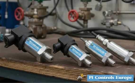 Gulf Oil & Gas International (UAE) offers PI Controls Europe Miniature Pressure Transmitters, delivering high-precision measurement from vacuum up to 2200 bar with long-term drift of 0.25% FS/year. Featuring robust 17-4 PH stainless steel wetted parts, 8–30 VDC supply, and versatile 4–20 mA, 0–10 V, or 1–5 V output, they integrate seamlessly with DD, EDDL, and FDT/DTM systems. Ideal for oil & gas, chemical, and industrial process automation, these transmitters provide reliable, compact, and accurate pressure monitoring in critical applications. Three All Types Of Pressure Transmitters & Transducers by PI Controls Europe (Gulf Oil & Gas International) with metal bodies and electrical connectors, featuring silicon-on-sapphire sensors up to 5000 bar, are on a workbench; logo bottom right.