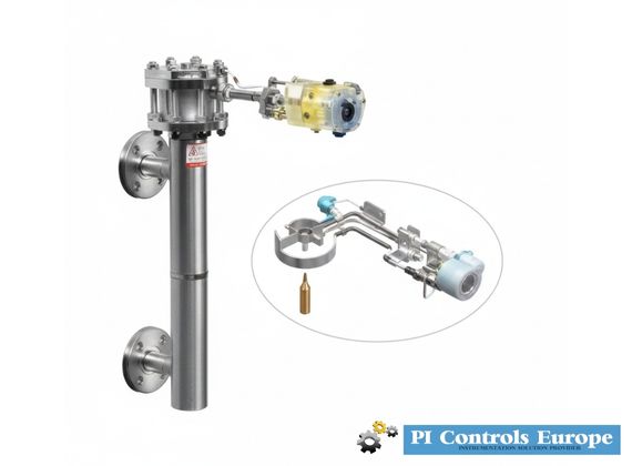 A stainless steel temperature and level transmitter by PI Controls Europe (Gulf Oil & Gas International), ideal for oil & gas, with actuator and control parts visible. Inset shows internal components; logo at bottom right. Gulf Oil & Gas International (UAE) offers PI Controls Europe Displacer Level Transmitters, compatible with Fisher, Rosemount, Emersons, and other major brands, for precise measurement of liquid level, specific gravity, or interface level. With displacer lengths from 100 mm to 4.5 m, ±0.5% full-scale accuracy, and materials compatible with diverse process media, these transmitters ensure reliable industrial performance. ATEX and UL certified for hazardous areas, they provide a safe, high-precision solution for oil & gas, chemical, and process automation applications worldwide.